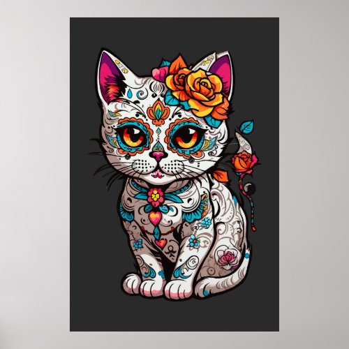 Cat Sugar Skull Halloween Dia de los Muertos Poster