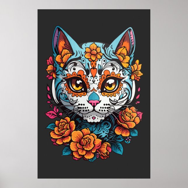 Cat Sugar Skull Halloween, Dia de los Muertos Poster (Front)