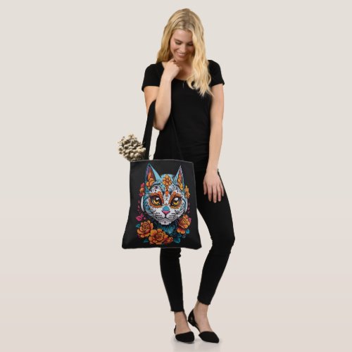 Cat Sugar Skull Halloween Dia de los Muertos Tote Bag