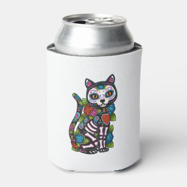 Cat Sugar Skull Mexico Calavera Dia De Los Muertos Can Cooler (Can Front)