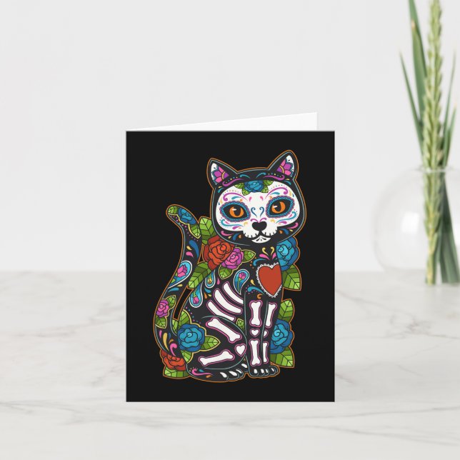 Cat Sugar Skull Mexico Calavera Dia De Los Muertos Card (Front)