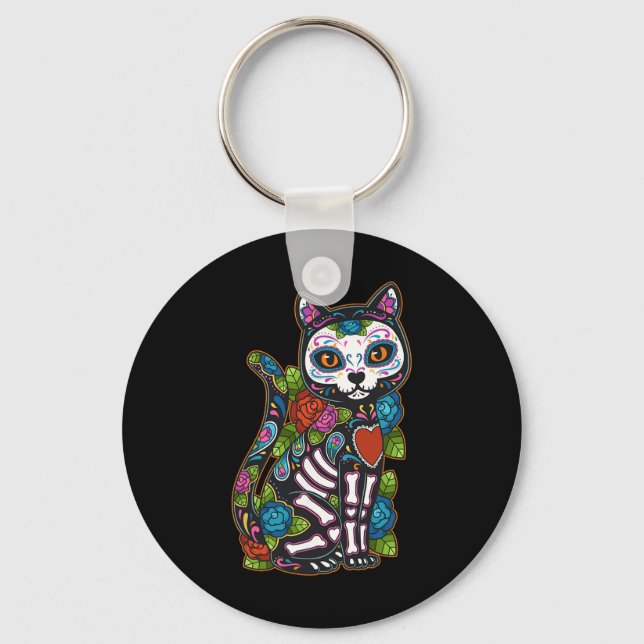 Cat Sugar Skull Mexico Calavera Dia De Los Muertos Keychain (Front)