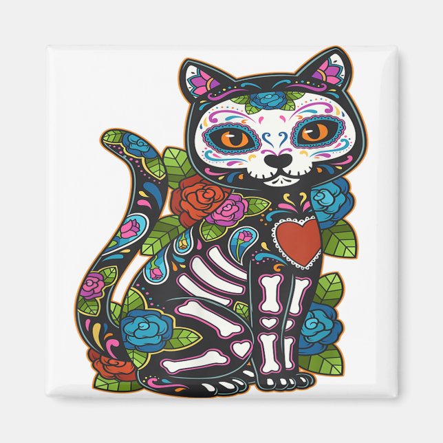Cat Sugar Skull Mexico Calavera Dia De Los Muertos Magnet (Front)
