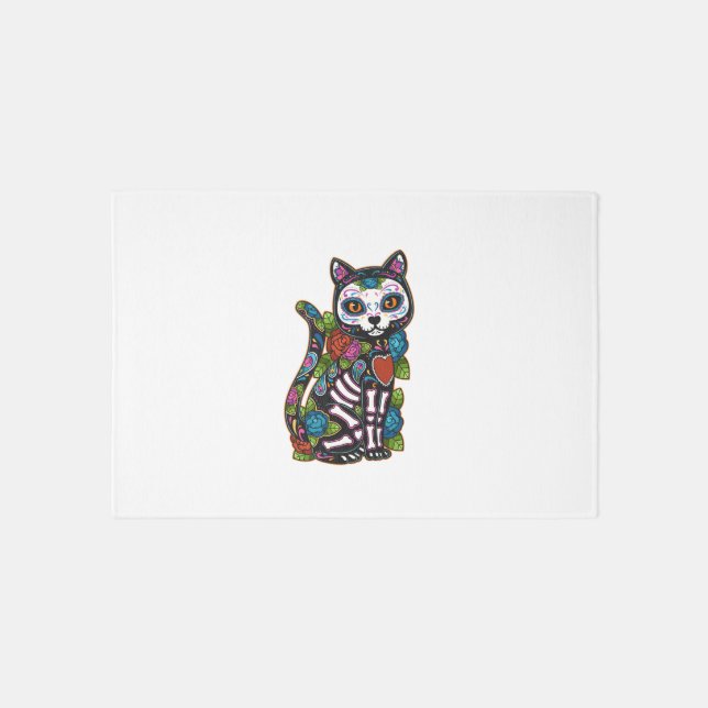 Cat Sugar Skull Mexico Calavera Dia De Los Muertos Rug (Front)