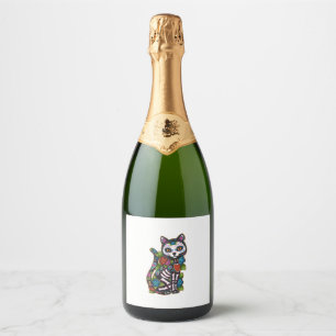 Cat Sugar Skull Mexico Calavera Dia De Los Muertos Sparkling Wine Label