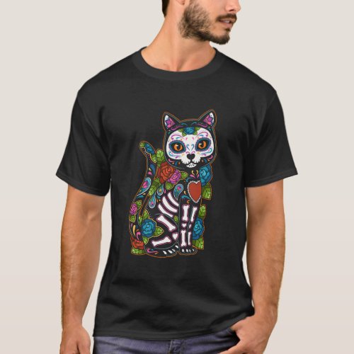 Cat Sugar Skull Mexico Calavera Dia De Los Muertos T_Shirt