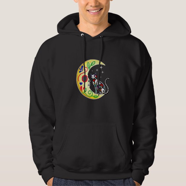 Cat Sugar Skull Mexico Calavera Moon Halloween Hoodie (Front)