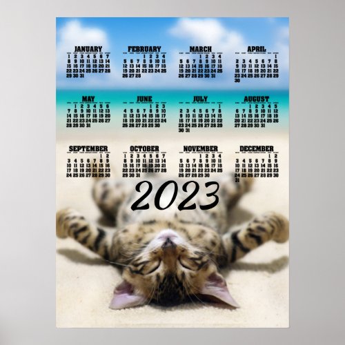 Cat Sunbathing at the Beach 2023 Calendar Poster