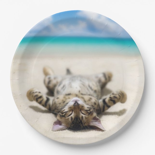 Cat Sunbathing at the Beach  Paper Plates (Front)