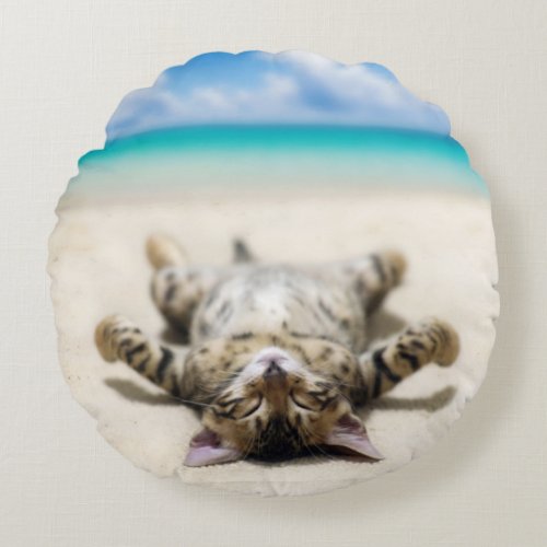 Cat Sunbathing at the Beach  Round Pillow