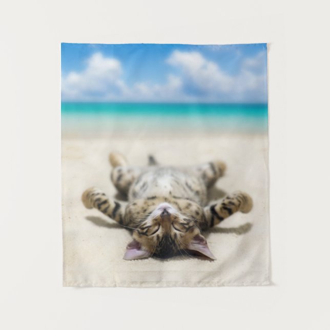Cat Sunbathing at the Beach   Tapestry (Front)