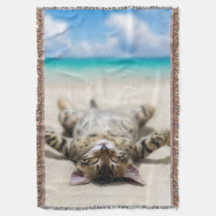 Cat Sunbathing at the Beach Throw Blanket