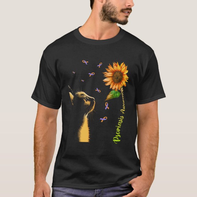 Cat Sunflower Psoriasis Awareness T-Shirt (Front)