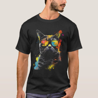 Cat Sunglasses Artwork Colourful Cat Motif Animal T-Shirt