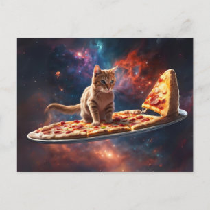 Cat surfing a pizza in the cosmos postcard