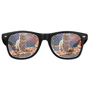 Cat surfing a pizza in the cosmos retro sunglasses