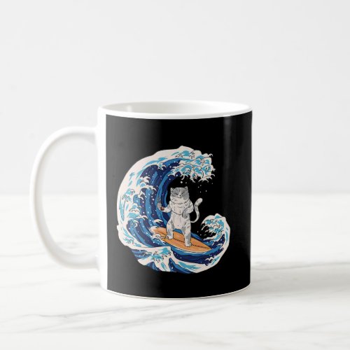 Cat surfing a Wave eating Sushi in Japanese Style  Coffee Mug
