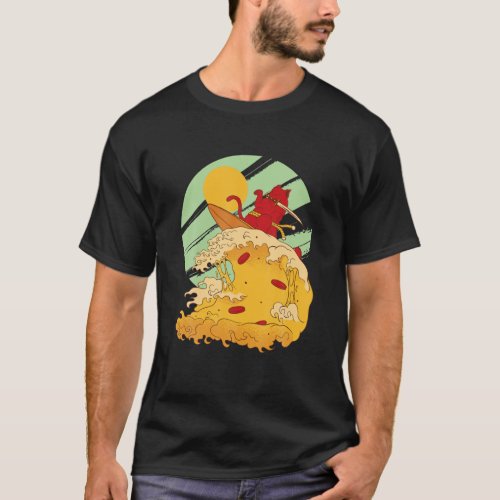 Cat Surfing Cheese Pizza Wave Retro T_Shirt