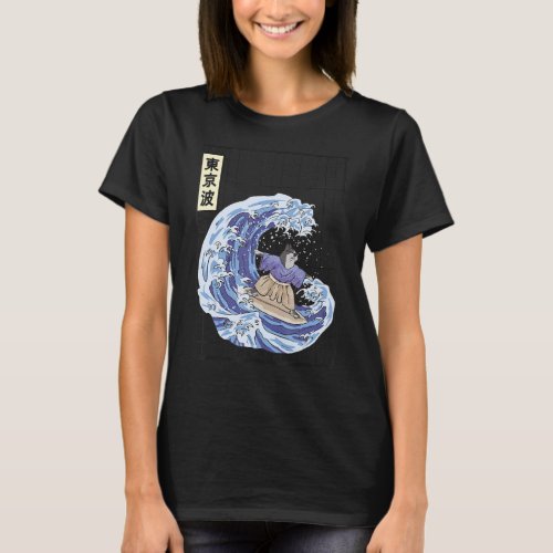 Cat Surfing Japanese Waves Japan Aesthetic Grid Gi T_Shirt