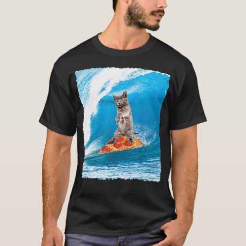 Cat Surfing Pizza SurfBoard T_Shirt