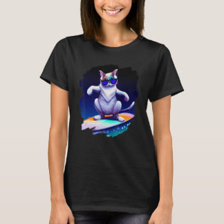 Cat Surfing Surfer Riding Wave Ocean Artistic Cool T-Shirt