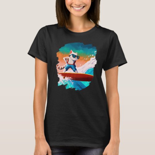 Cat Surfing Surfer Riding Wave Ocean Artistic Cool T_Shirt