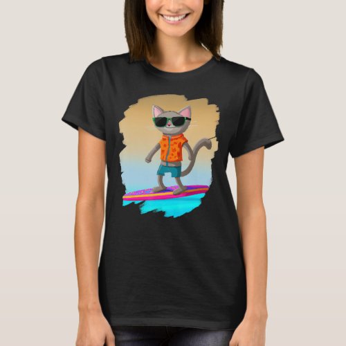 Cat Surfing Surfer Riding Wave Ocean Artistic Cool T_Shirt