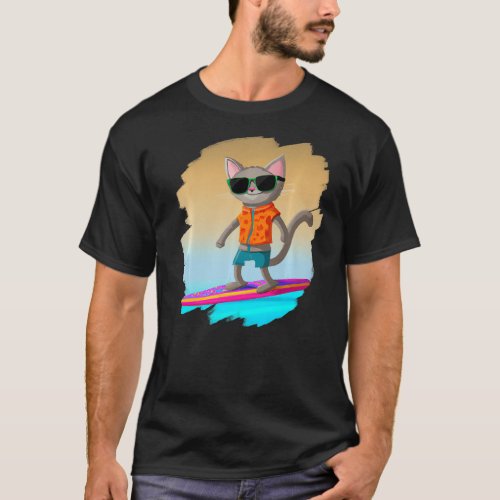 Cat Surfing Surfer Riding Wave Ocean Artistic Cool T_Shirt