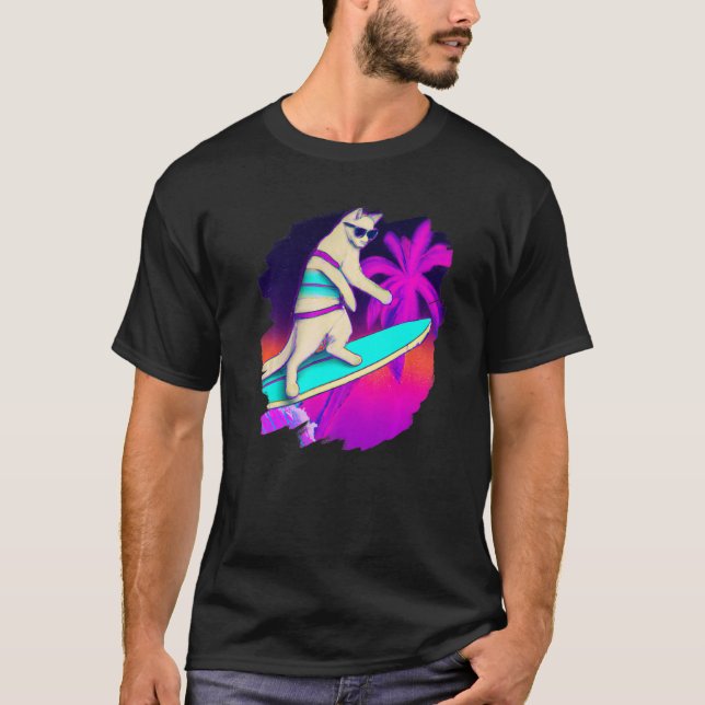 Cat Surfing Surfer Riding Wave Ocean Artistic Cool T-Shirt (Front)