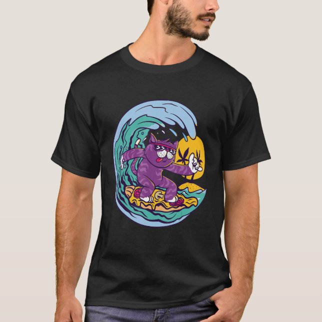 Cat Surfing Waves  Ocean Island and Sun T-Shirt (Front)
