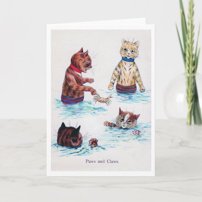 Cat Swimming at The Beach., Louis Wain Card (Front)