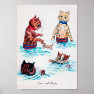 Cat Swimming at The Beach., Louis Wain Poster