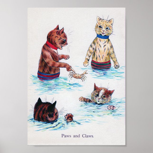 Cat Swimming at The Beach., Louis Wain Poster (Front)