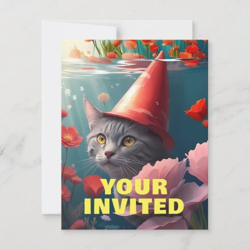 Cat swimming party with flowers invitation