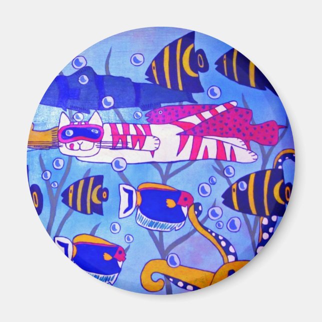 Cat Swimming with Fish Magnet (Front)