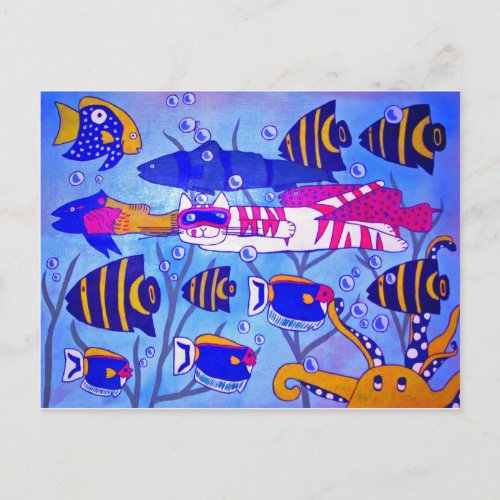 Cat Swimming with Fish Postcard