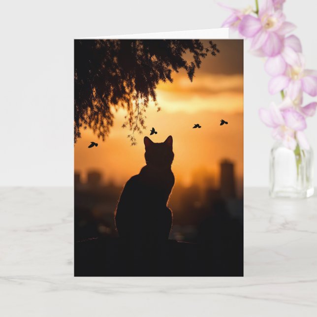 Cat Sympathy Loss of Cat Sunset With Birds Card (Orchid)
