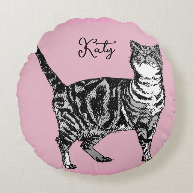 Cat Tabby Pastel Cats Girls Rose Pink Pets Round Pillow (Front)