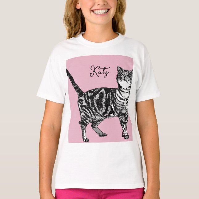 Cat Tabby Pastel Cats Girls Rose Pink Pets T-Shirt (Front)