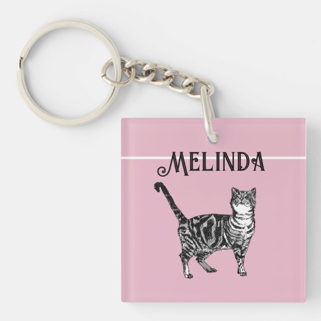 Cat Tabby Pastel Cats Kids Girls Light Pink Badge Keychain (Front)