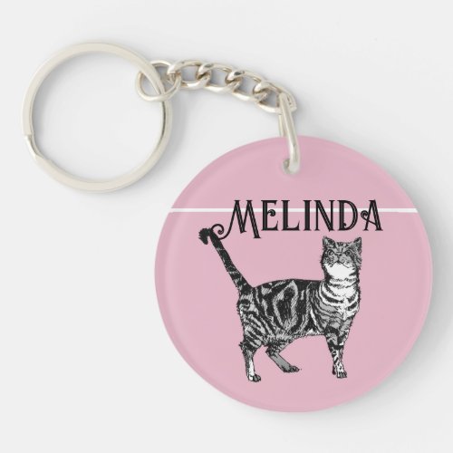Cat Tabby Pastel Cats Kids Girls Light Pink Badge Keychain