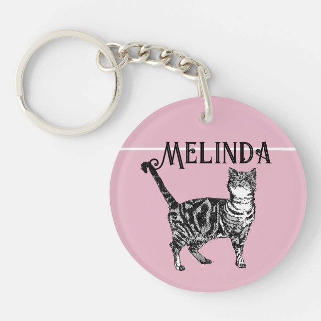 Cat Tabby Pastel Cats Kids Girls Light Pink Badge Keychain (Front)