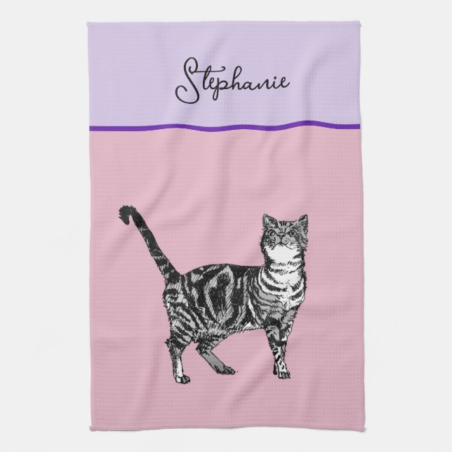 Cat Tabby Pastel Cats Womens Light Pink Lavander Kitchen Towel (Vertical)