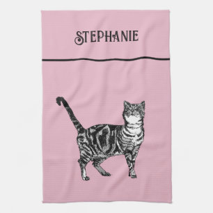 Cat Tabby Pastel Cats Womens Light Pink Name Kitchen Towel