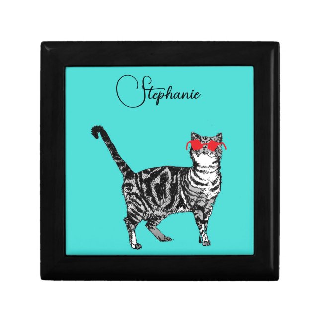 Cat Tabby Pastel Cats Womens Teal Aqua Name Gift Box (Front)