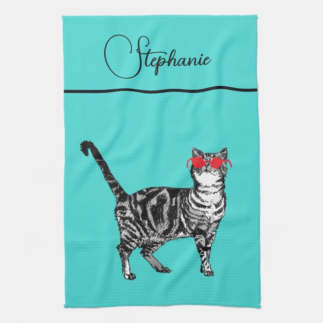 Cat Tabby Pastel Cats Womens Teal Aqua Name Kitchen Towel (Vertical)
