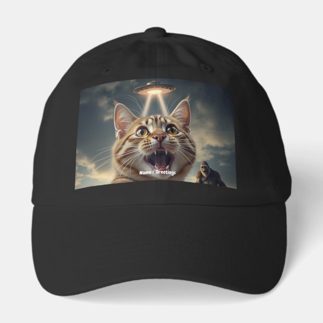  Cat Taking Selfie with UFO and Bigfoot Funny Gift Hat (Front)