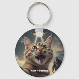 Cat Taking Selfie with UFO and Bigfoot Funny Gift Keychain