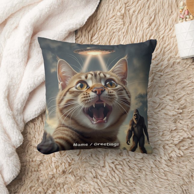  Cat Taking Selfie with UFO and Bigfoot Funny Gift Throw Pillow (Blanket)
