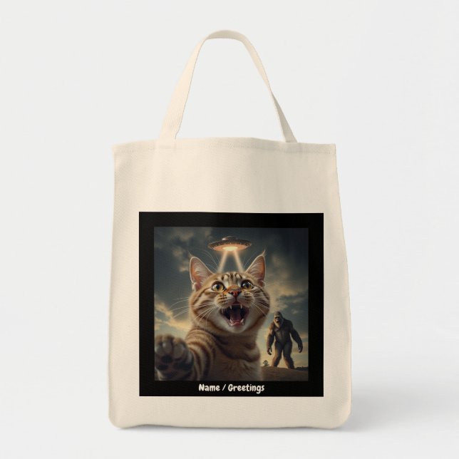 Cat Taking Selfie with UFO and Bigfoot Funny Gift Tote Bag (Front)